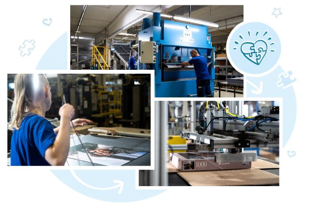 Valmistamamme yksilölliset palapelit ja pelit leikataan tarkkuusterillä ja pakataan yksilöllisesti suunniteltuihin laatikoihin.